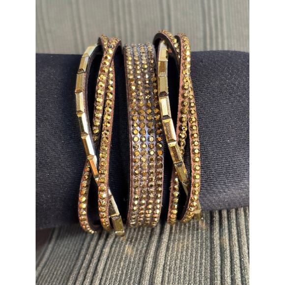 Women's Layered Leather Bracelet with Gold Rhinestones Y2K BOHO Glam Retro - Picture 3 of 9